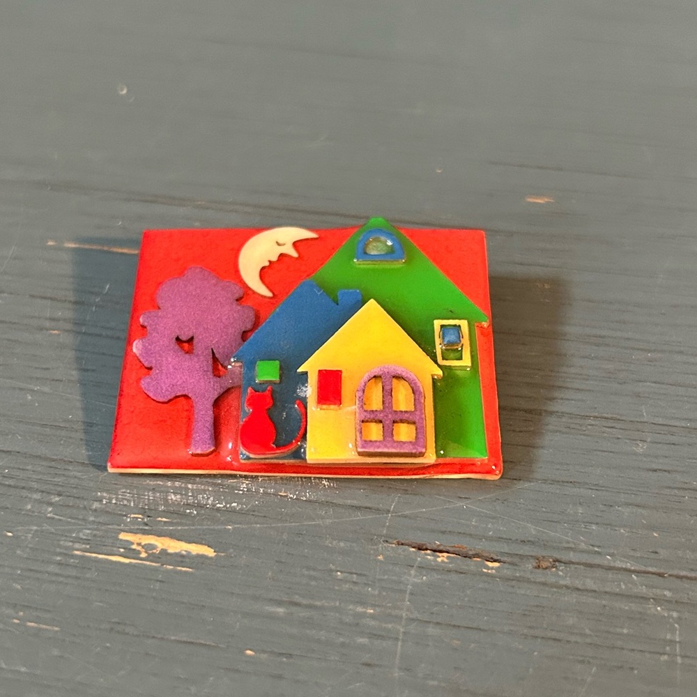 Vintage Handmade “House Pin” Brooch by Lucinda Yates (Colorful)